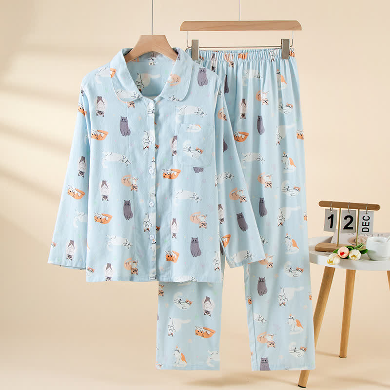 Ensemble de vêtements d'intérieur en coton brossé avec un motif de chat de dessin animé - Comme sur la photo - XL - image 0