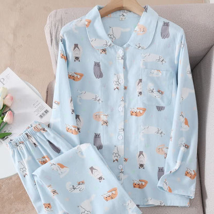 Ensemble de vêtements d'intérieur en coton brossé avec un motif de chat de dessin animé - image 1