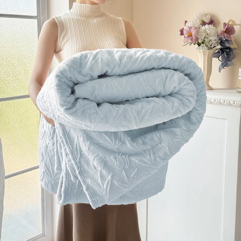 Couverture en peluche à motif tulipe, en fausse fourrure - bleu clair - 2 taies d'oreiller - 48 cm x 74 cm - image 10