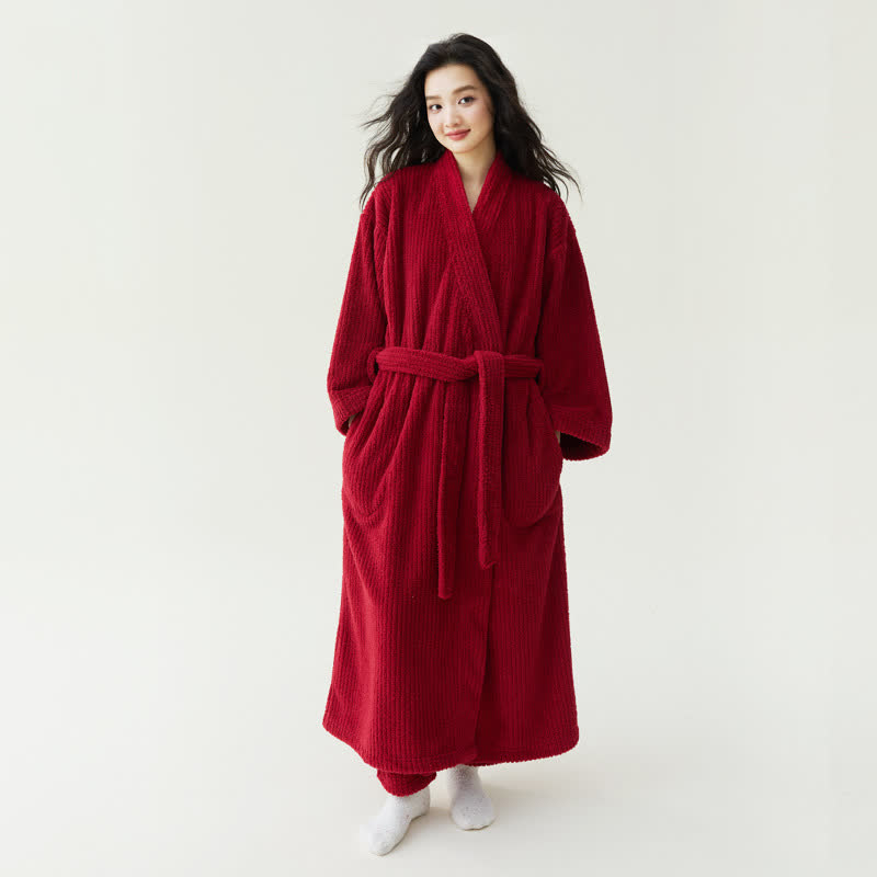 peignoir en peluche uni, style minimaliste - Rouge - Peignoir avec pantalon - XL - image 0