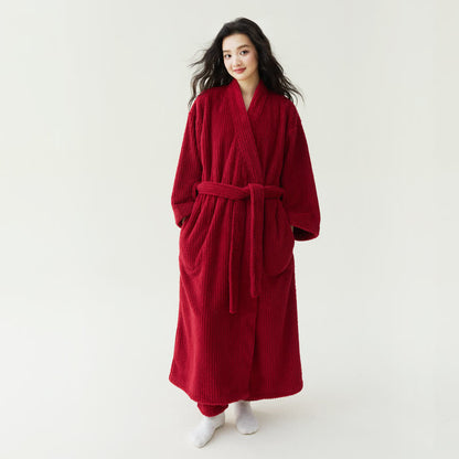 peignoir en peluche uni, style minimaliste - Rouge - Peignoir avec pantalon - XL - image 0