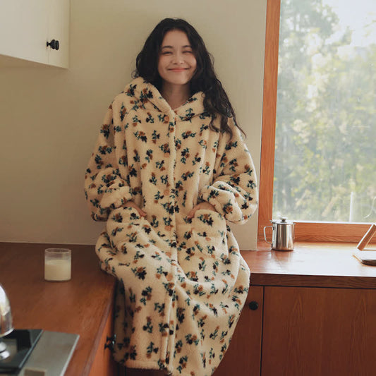 Peignoir rustique à capuche fleurie en peluche avec boutons et capuche - Beige - XL - image 0