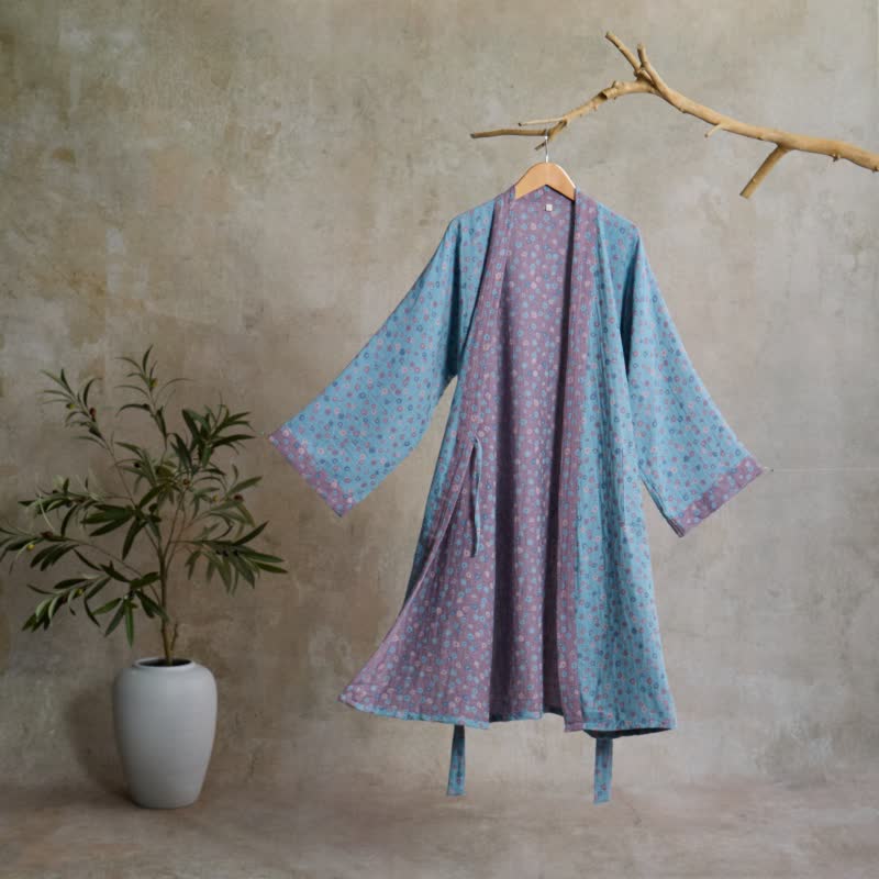 Peignoir rustique en coton de style kimono avec un motif jacquard floral - Bleu - L - image 0
