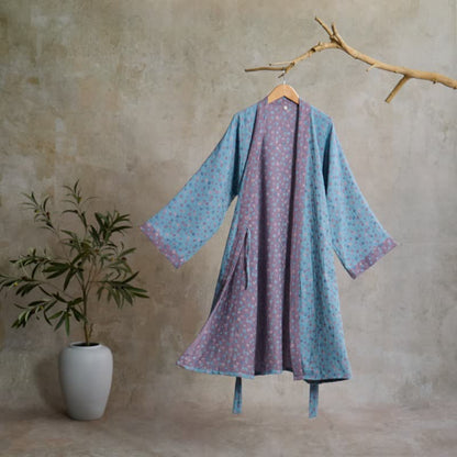 Peignoir rustique en coton de style kimono avec un motif jacquard floral - Bleu - L - image 0