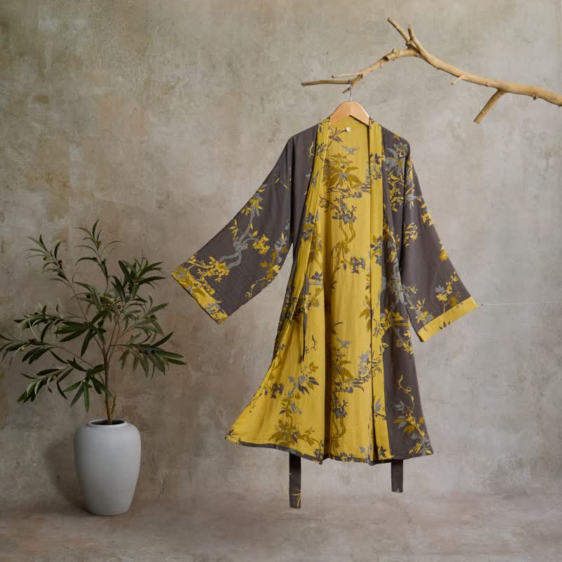 Peignoir kimono vintage en coton à motifs floraux et de feuilles - Gris - L - image 0