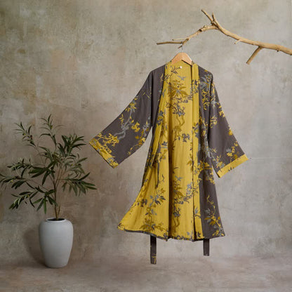 Peignoir kimono vintage en coton à motifs floraux et de feuilles - Gris - L - image 0
