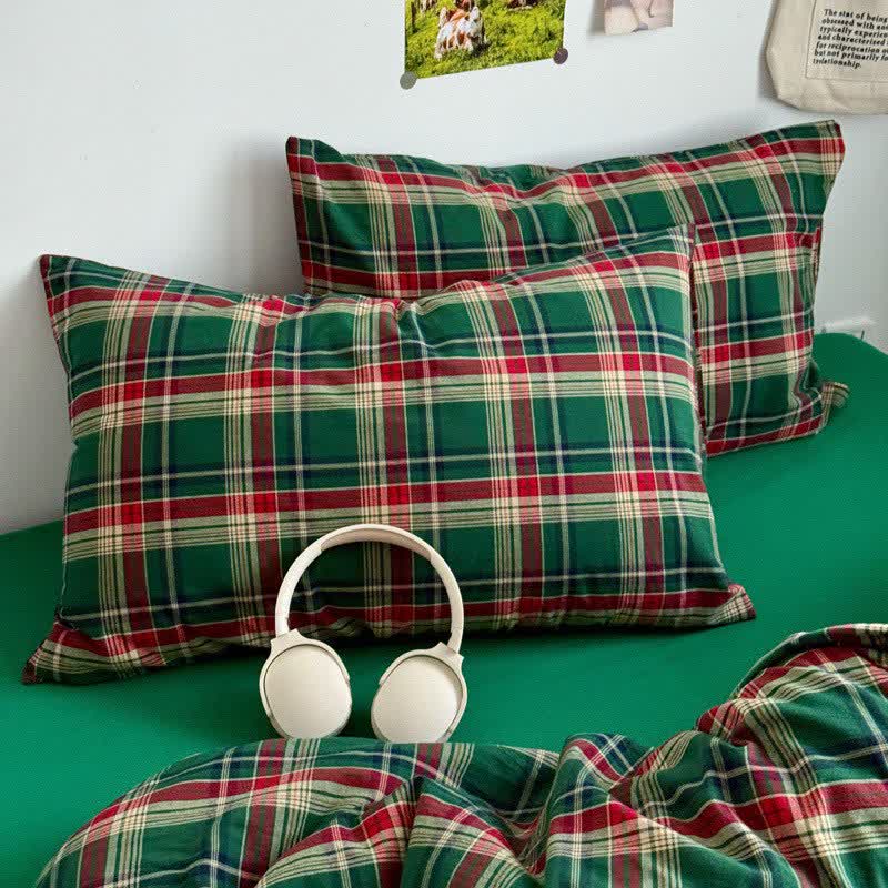 parure de lit classique en coton à carreaux - Vert - 2 taies d'oreiller - 48 cm x 74 cm - image 6