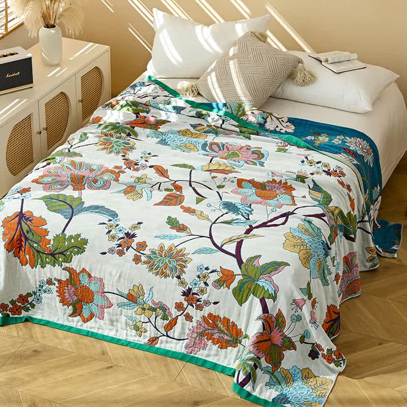 Couverture Ownkoti en gaze de coton à motif jacquard et à motif floral et de feuilles - 230 cm x 250 cm - image 0
