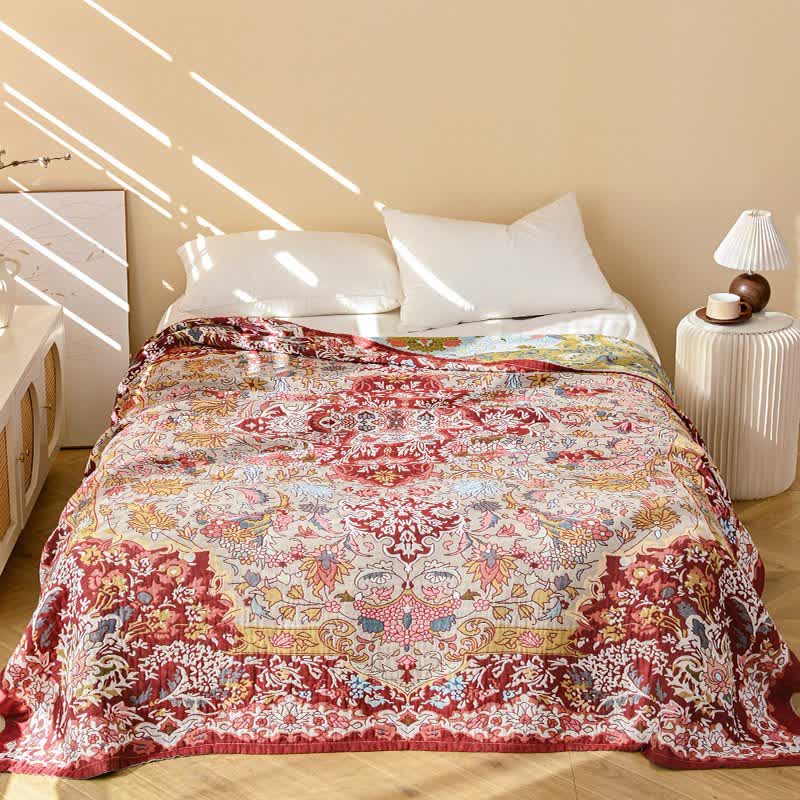 Couverture matelassée rétro Ownkoti en coton rouge à motif floral jacquard - image 1
