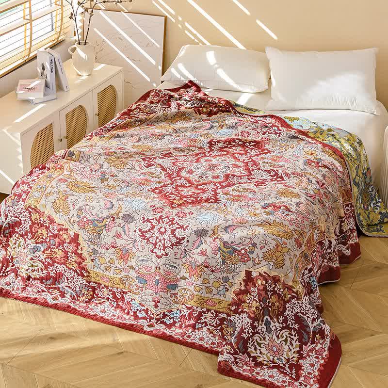 Couverture matelassée rétro Ownkoti en coton rouge à motif floral jacquard - 200 cm x 230 cm - image 0