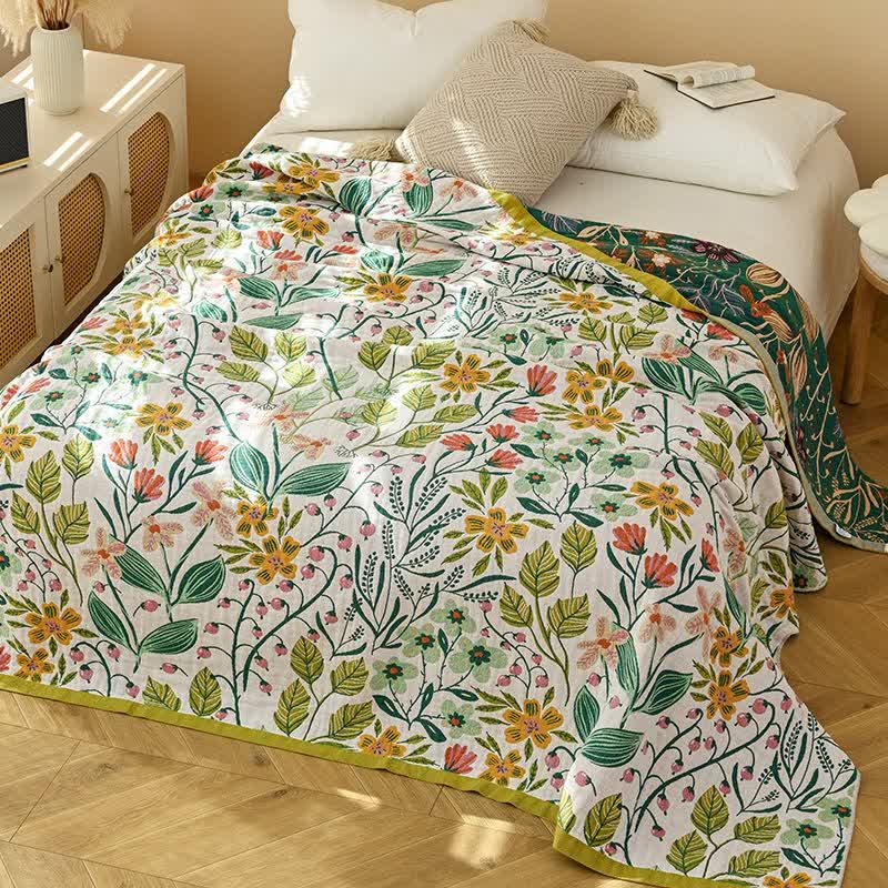 Couette en gaze de coton Ownkoti à motif de feuilles et de fleurs vertes - 230 cm x 250 cm - image 0