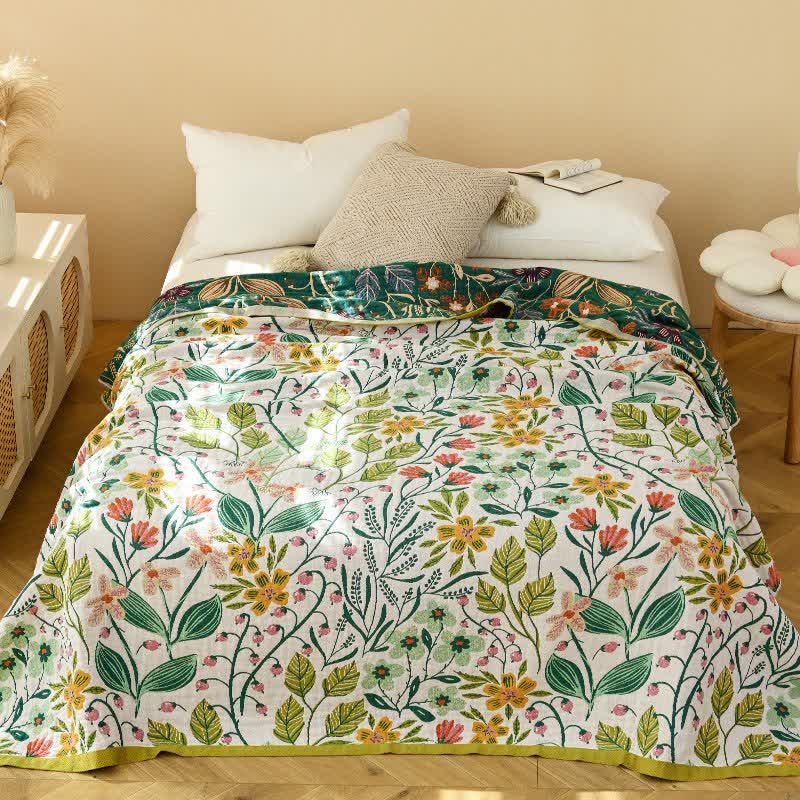 Couette en gaze de coton Ownkoti à motif de feuilles et de fleurs vertes - image 1