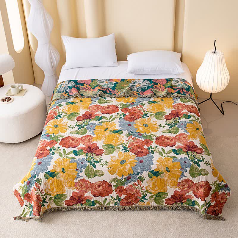 Couverture de luxe Ownkoti en gaze de coton à fleurs et à pompons - 230 cm x 250 cm - image 0
