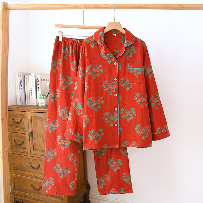 Ensemble de vêtements d'intérieur en gaze de coton en forme de cœur à motif floral - Rouge - XXL - image 0