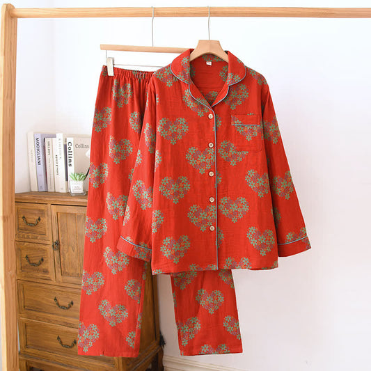 Ensemble de vêtements d'intérieur en gaze de coton en forme de cœur à motif floral - Rouge - XXL - image 0