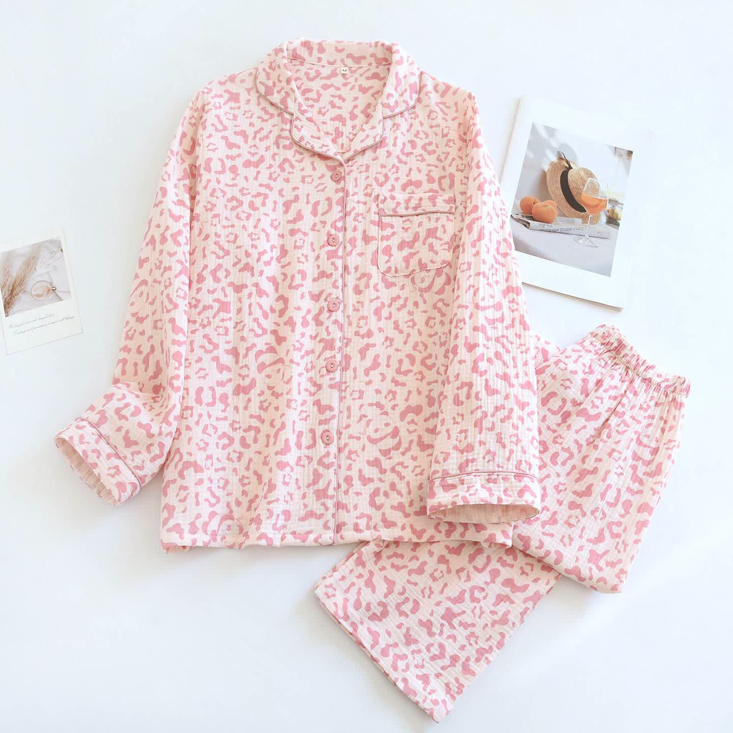 Ensemble de vêtements d'intérieur en coton à imprimé léopard aux couleurs douces - Rose - XL - image 2