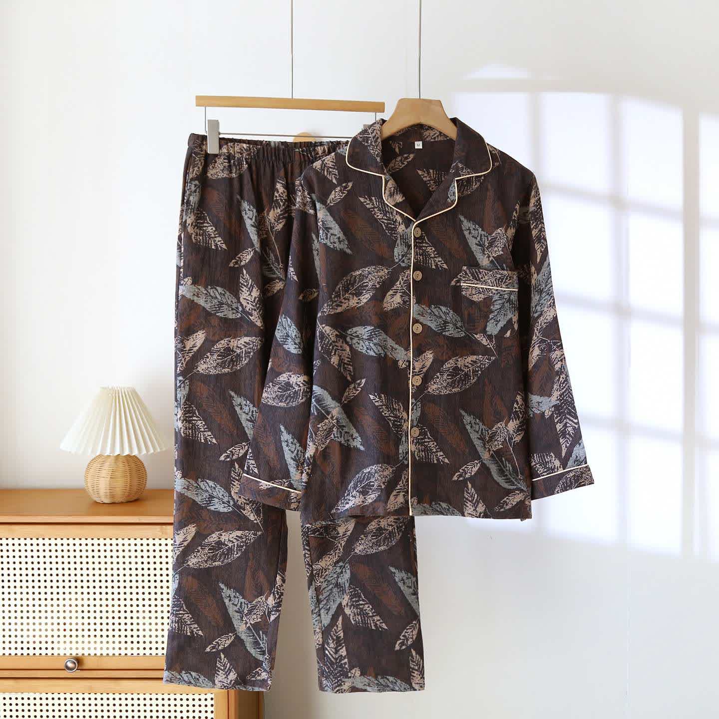 Vêtements d'intérieur en gaze de coton à motif jacquard de feuilles artistiques - Noir - XXL - image 0