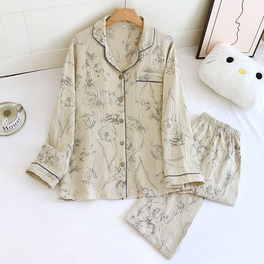 Ensemble de vêtements d'intérieur élégant en coton à motif floral vintage - Beige - XL - image 0