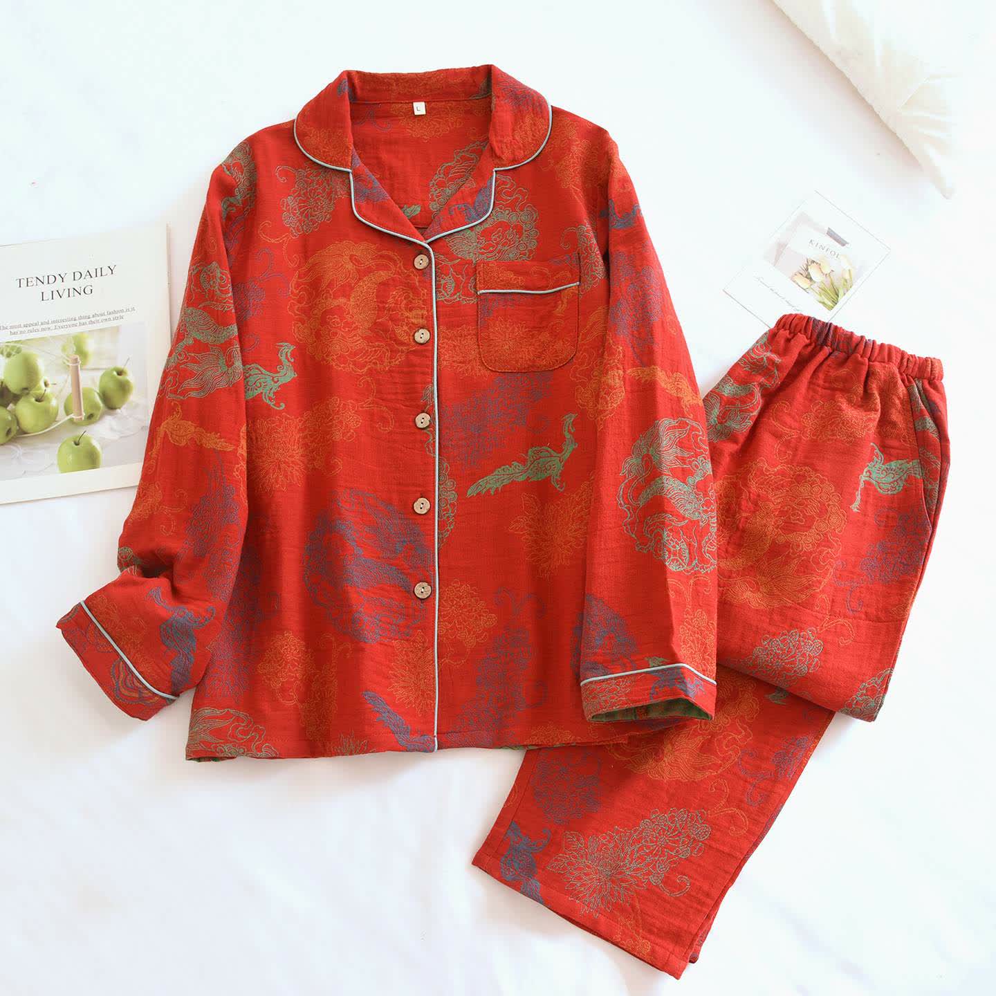 Ensemble pyjama en coton avec dragon et phénix orientaux - Rouge - XL - image 0