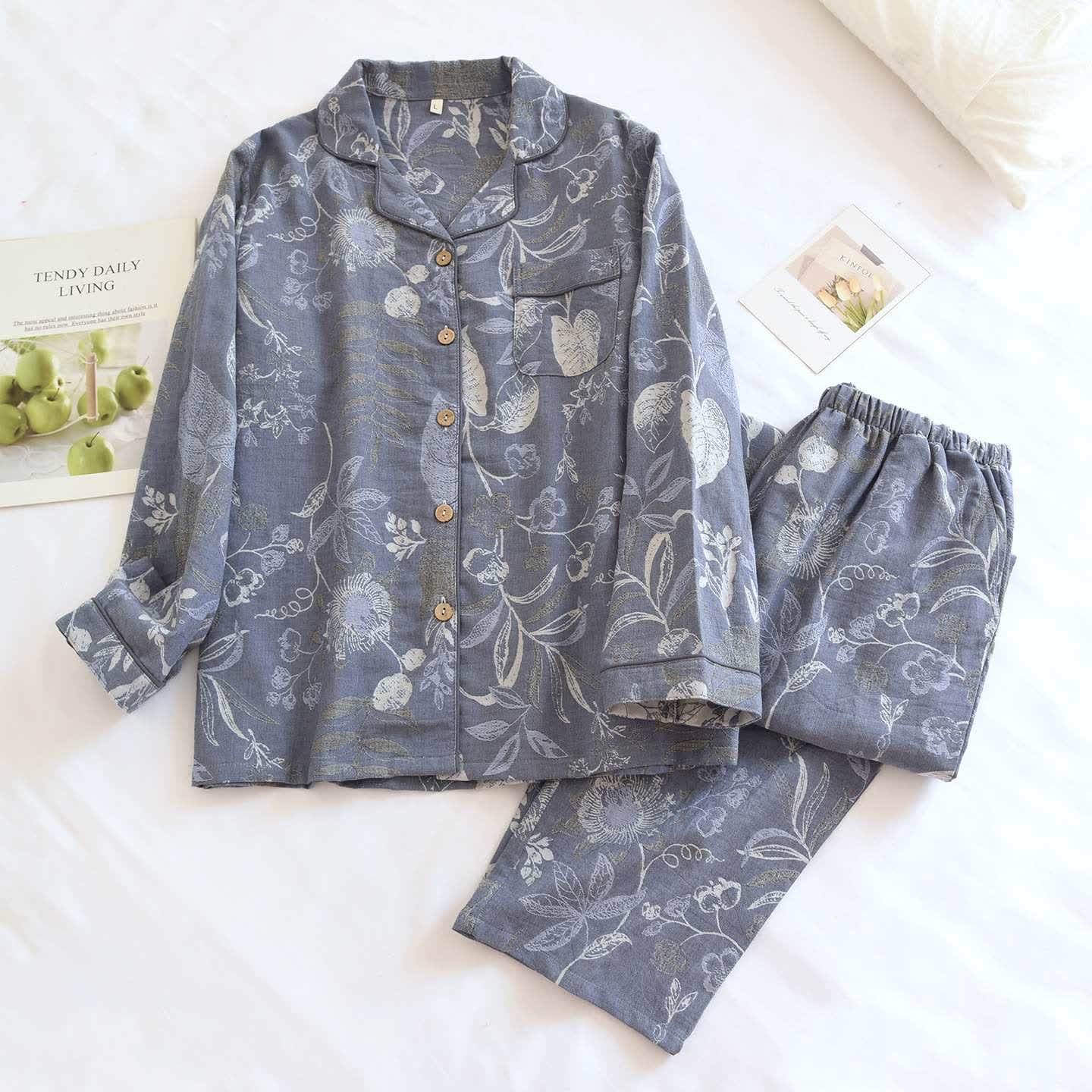 Ensemble de détente élégant en coton à motif floral - Bleu - XL - image 0