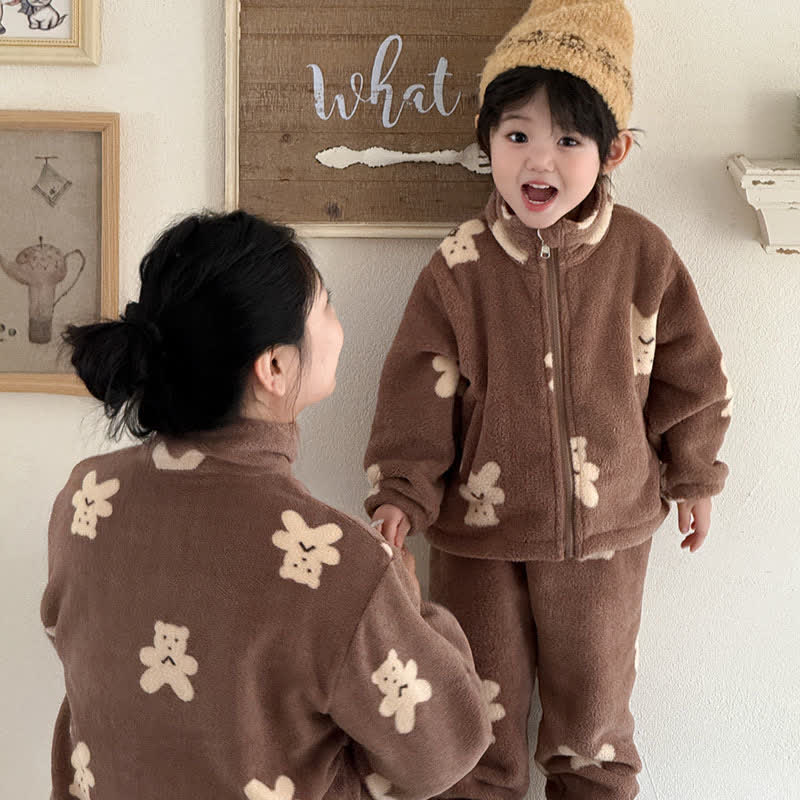 Ensemble de vêtements d'intérieur pour enfants avec motif ours et fermeture éclair - Café - Adultes : L - image 0