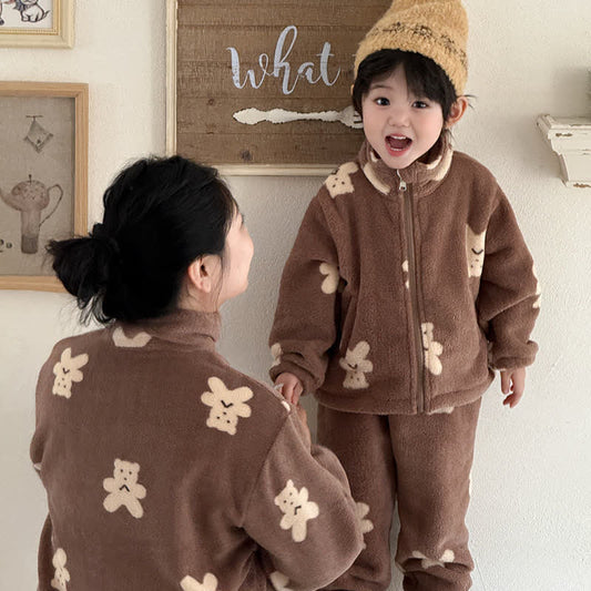 Ensemble de vêtements d'intérieur pour enfants avec motif ours et fermeture éclair - Café - Adultes : L - image 0