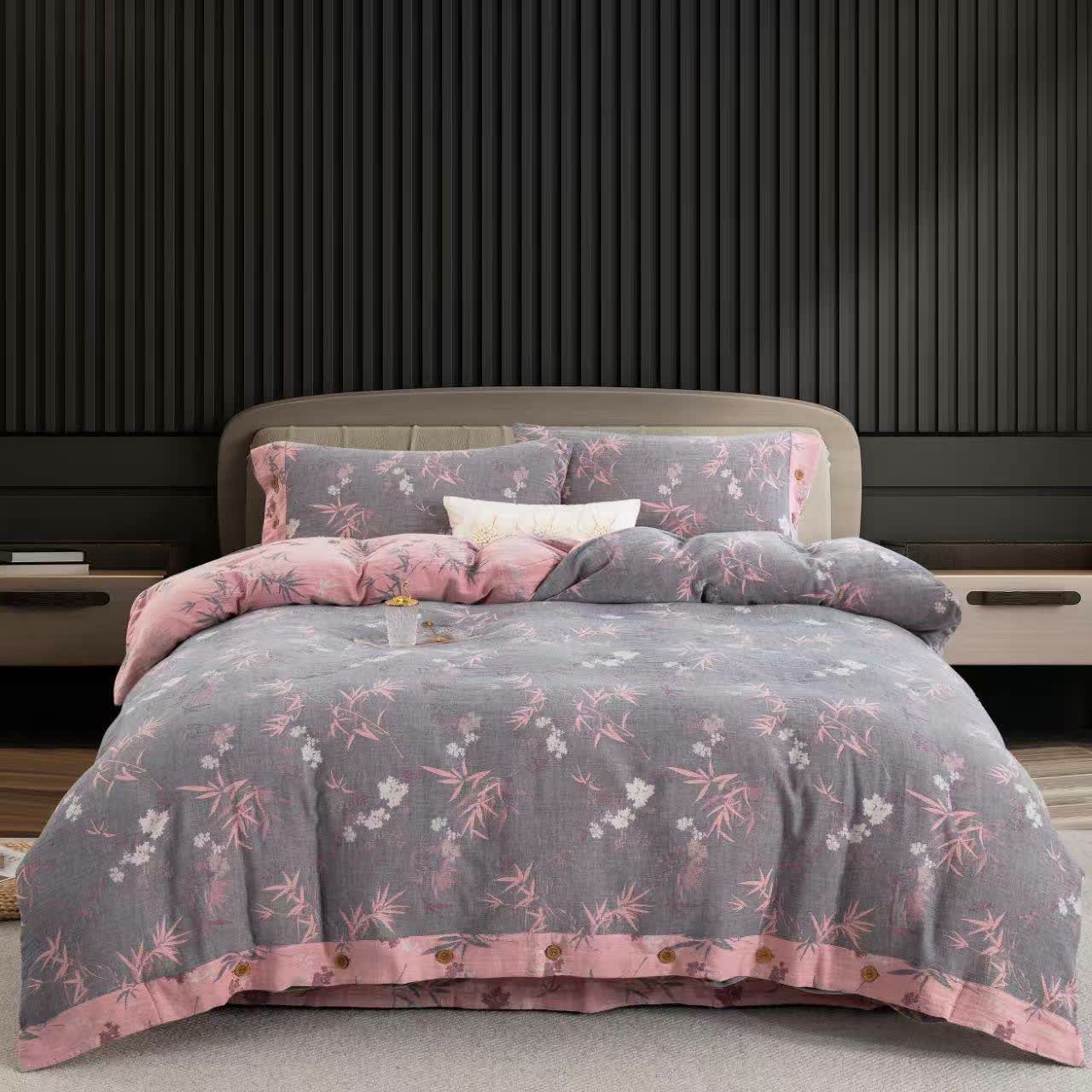 Ensemble de literie en coton double épaisseur à motif de feuilles de bambou (4 pièces) - 220 cm x 240 cm - image 0