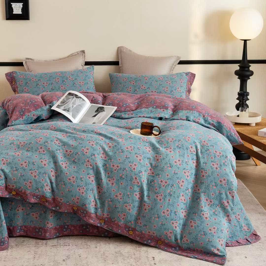 Ensemble de literie rustique en double gaze de coton à motif floral (4 pièces) - image 1