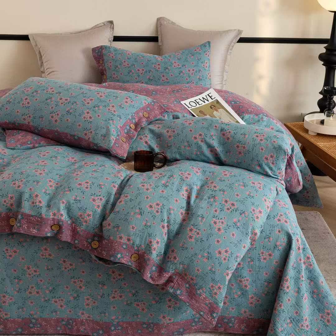 Ensemble de literie rustique en double gaze de coton à motif floral (4 pièces) - image 3