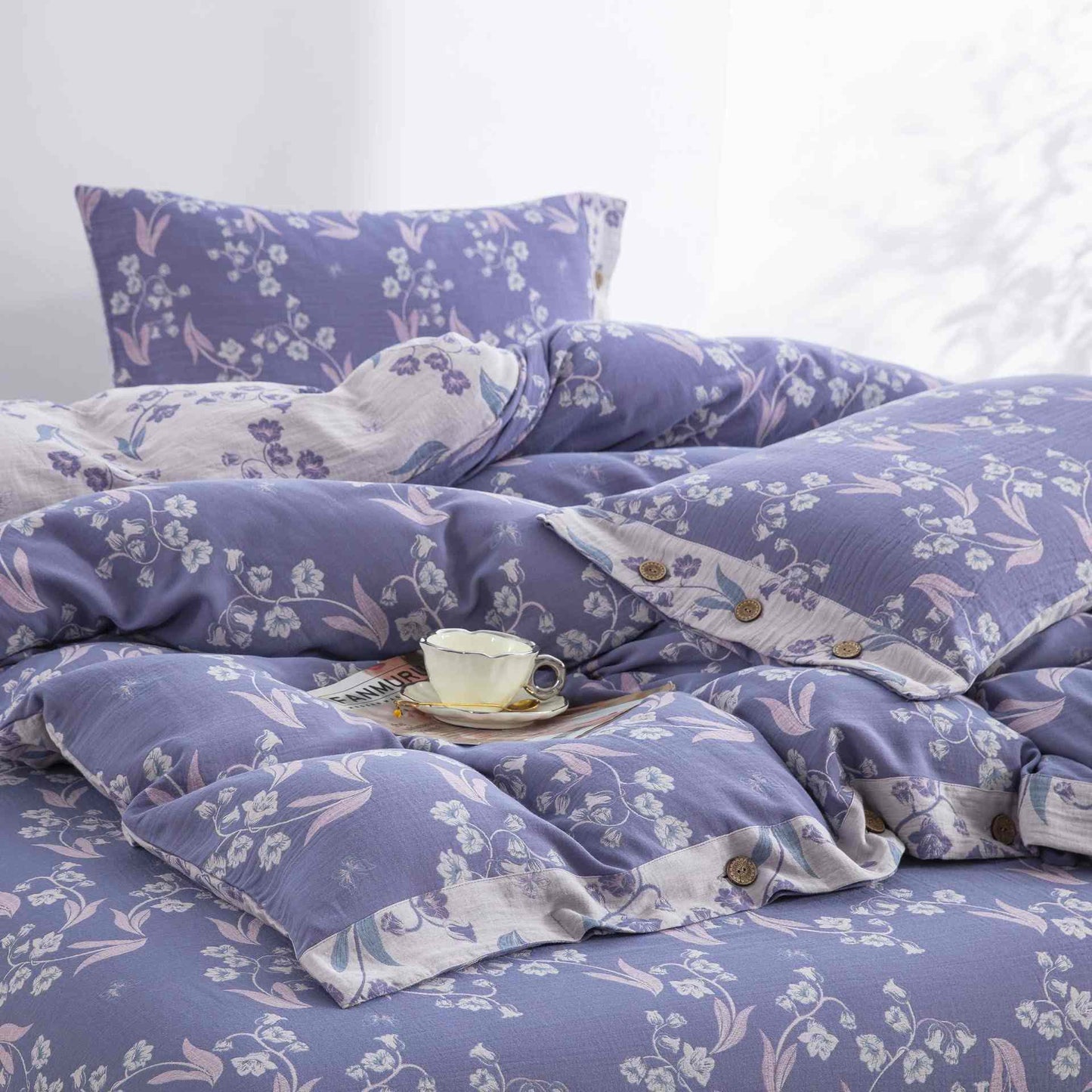 Parure de lit élégante en double gaze de coton à motif floral (4 pièces) - image 3