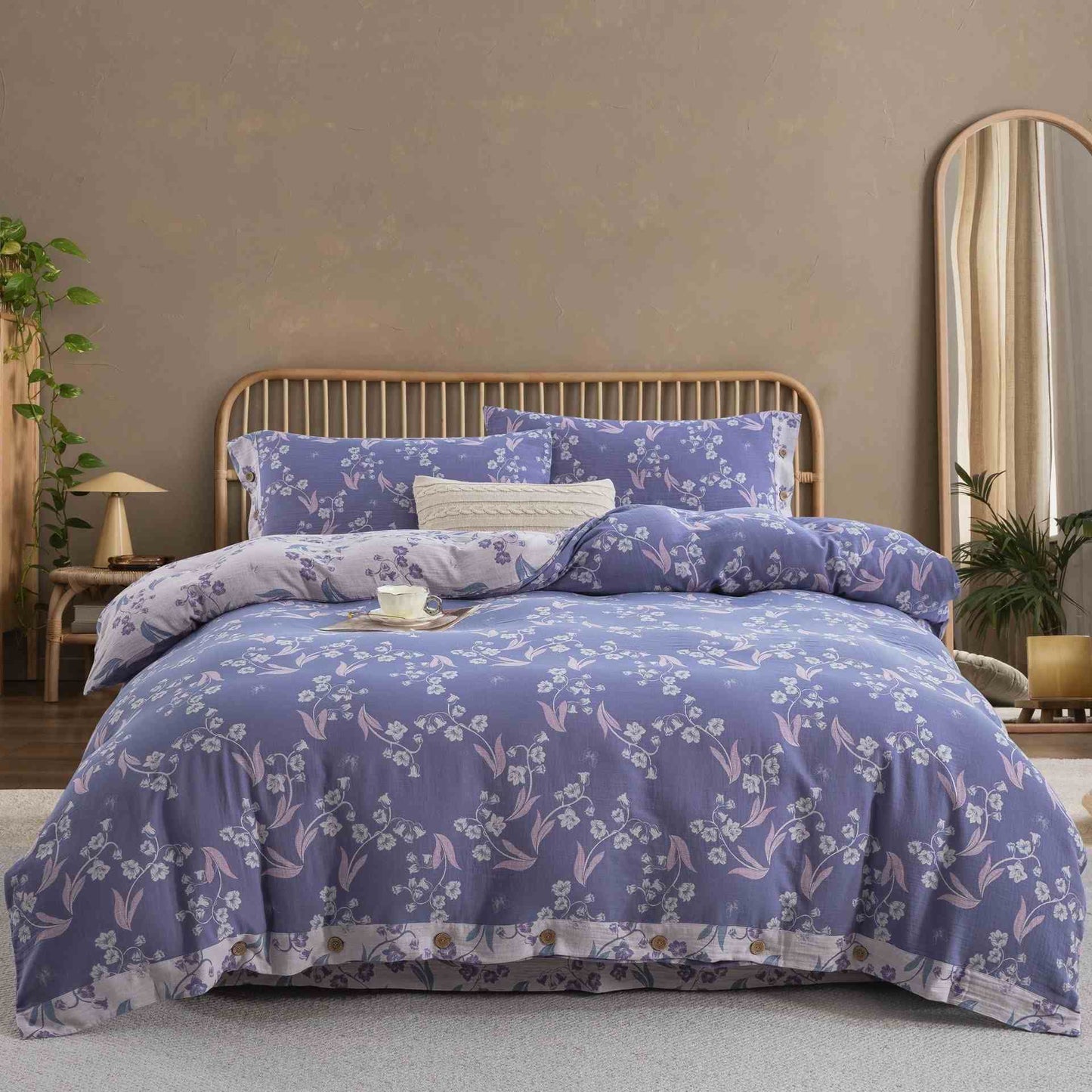 Parure de lit élégante en double gaze de coton à motif floral (4 pièces) - 220 cm x 240 cm - image 0