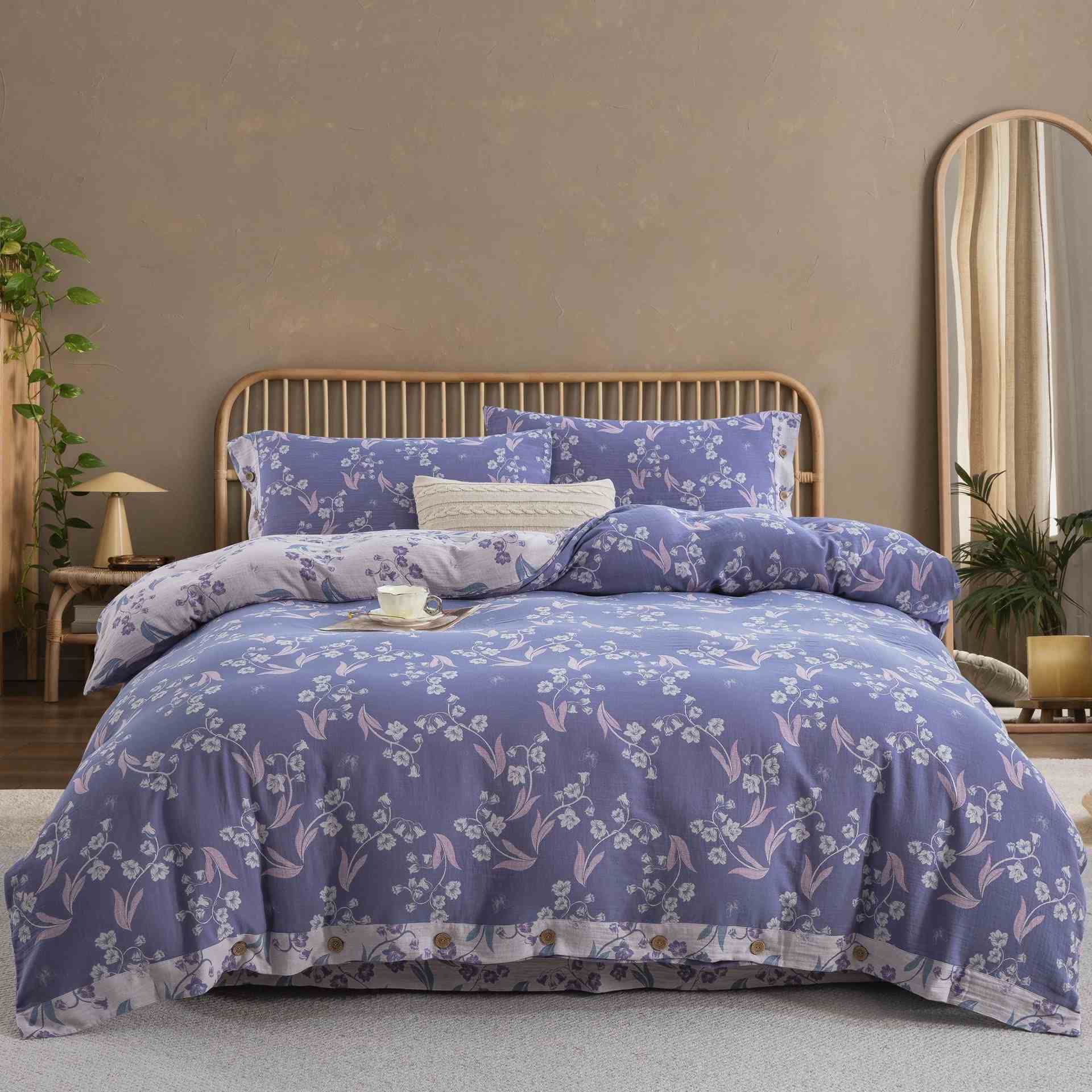 Parure de lit élégante en double gaze de coton à motif floral (4 pièces) - 220 cm x 240 cm - image 0