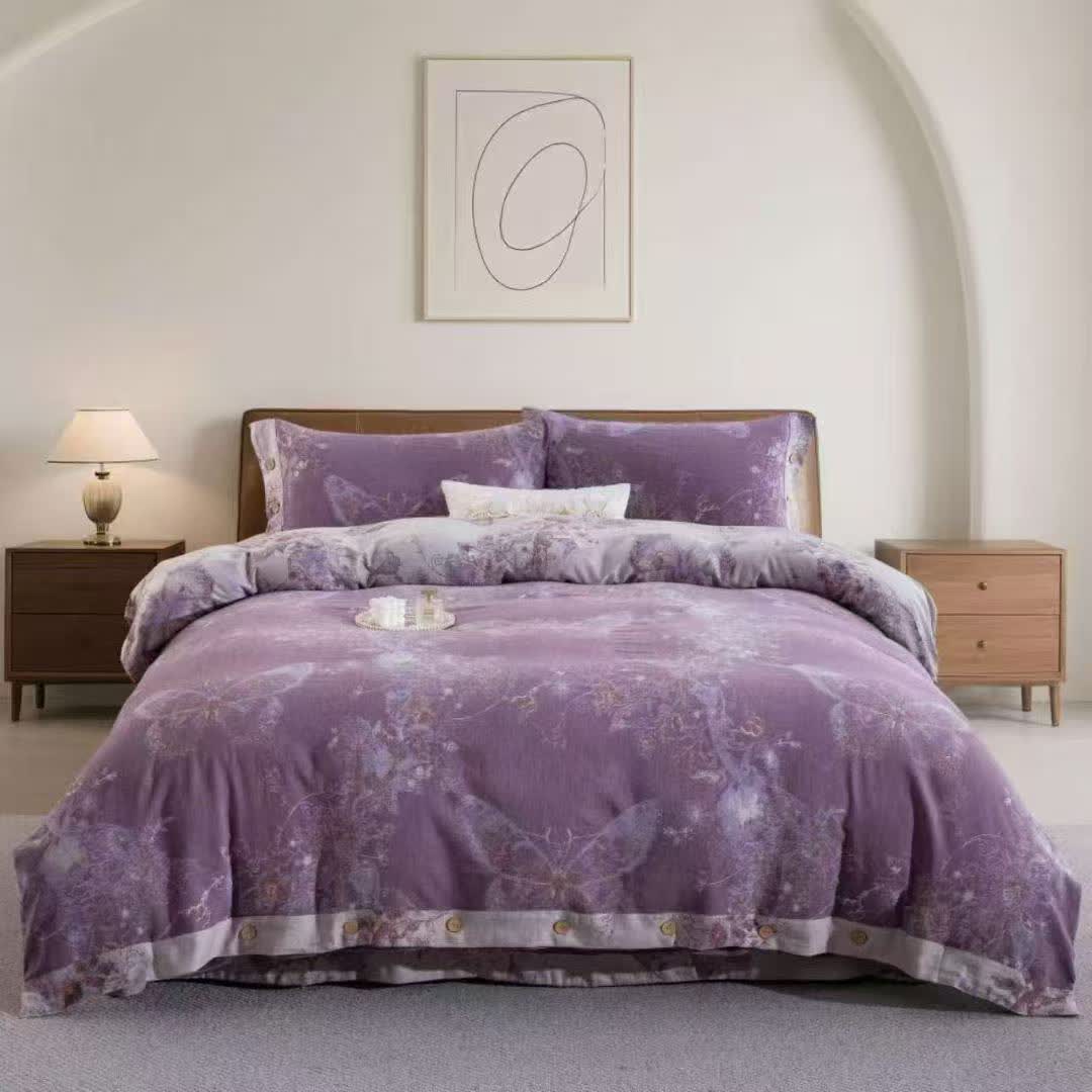 Parure de lit papillon de rêve en double gaze de coton (4 pièces) - Violet - 220 cm x 240 cm - image 0