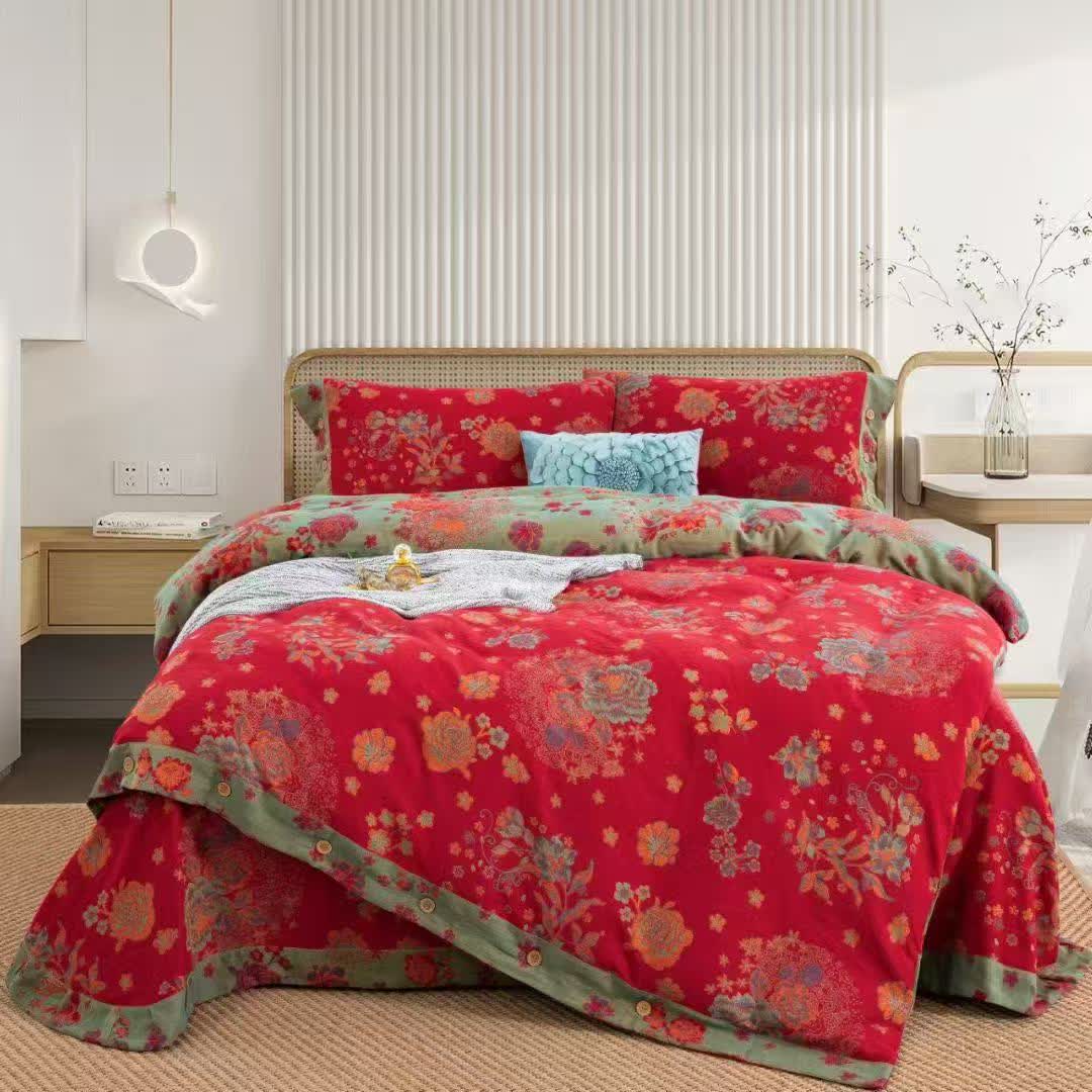 Ensemble de literie en gaze de coton à pivoines et boutons (4 pièces) - Rouge  - 220 cm x 240 cm - image 0