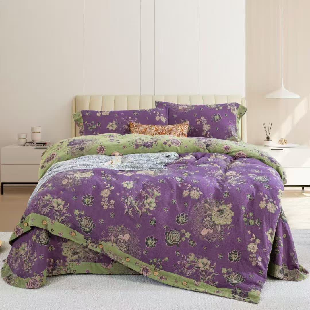 Ensemble de literie en gaze de coton à pivoines et boutons (4 pièces) - Violet - 220 cm x 240 cm - image 2