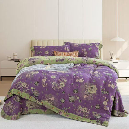 Ensemble de literie en gaze de coton à pivoines et boutons (4 pièces) - Violet - 220 cm x 240 cm - image 2