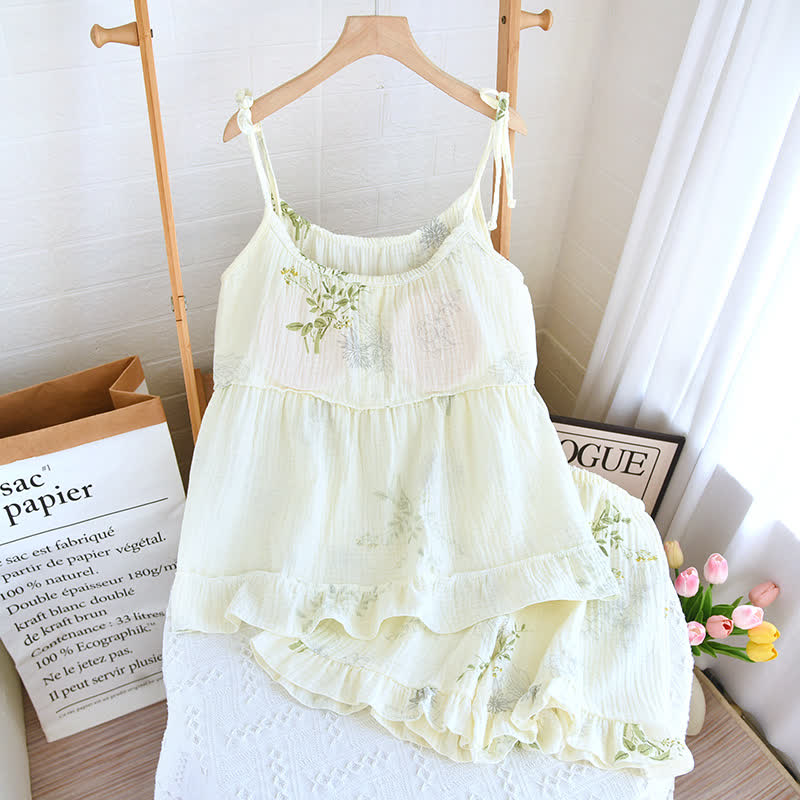 Ensemble pyjama en coton à imprimé feuilles, composé d'un débardeur et d'un sous-vêtement en coton. - image 2