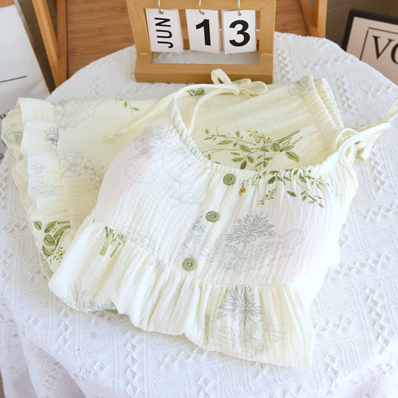 Ensemble pyjama en coton à imprimé feuilles, composé d'un débardeur et d'un sous-vêtement en coton. - image 3
