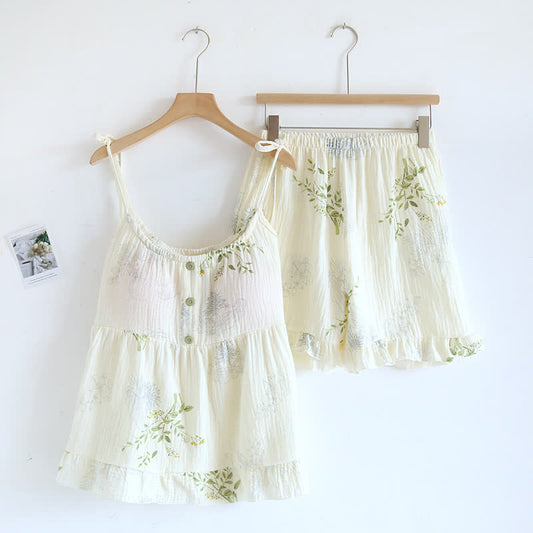 Ensemble pyjama en coton à imprimé feuilles, composé d'un débardeur et d'un sous-vêtement en coton. - Vert - XL - image 0