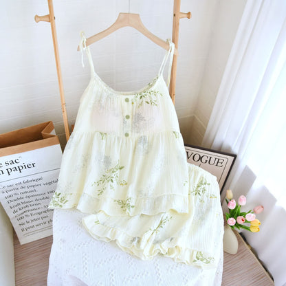 Ensemble pyjama en coton à imprimé feuilles, composé d'un débardeur et d'un sous-vêtement en coton. - image 1