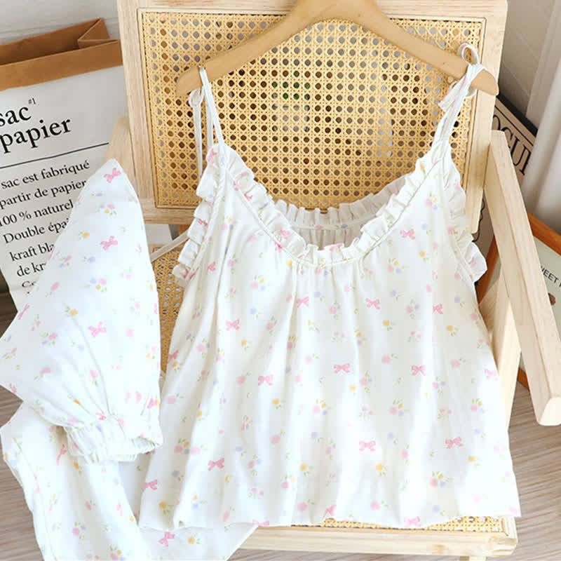 Ensemble pyjama en coton à motifs nœuds, composé d'un débardeur et d'un sous-vêtement en coton. - Rose - XL - image 0
