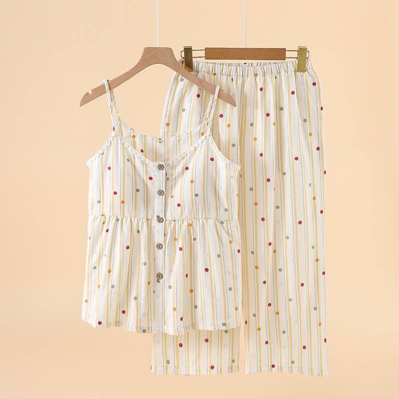 Ensemble pyjama en coton rayé avec haut à pois - jaune clair - XXL - image 1