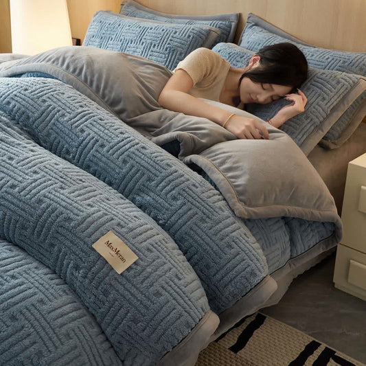 Ensemble de literie en tissu peluche rayé et noué - Gris-bleu - Ensemble de literie (4 pièces) - 220 cm x 240 cm - image 0