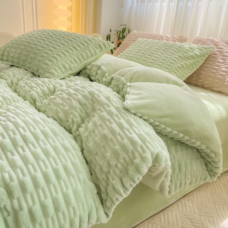 Ensemble de literie en peluche texturée de couleur unie - Vert - Ensemble de literie (4 pièces) - 220 cm x 240 cm - image 16