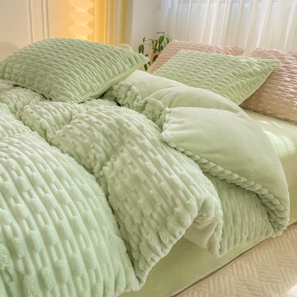 Ensemble de literie en peluche texturée de couleur unie - Vert - Ensemble de literie (4 pièces) - 220 cm x 240 cm - image 16