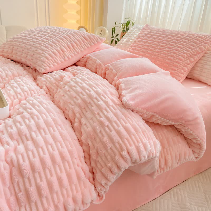 Ensemble de literie en peluche texturée de couleur unie - Rose - Ensemble de literie (4 pièces) - 220 cm x 240 cm - image 0