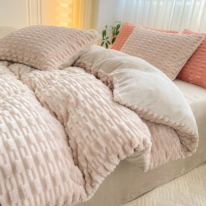 Ensemble de literie en peluche texturée de couleur unie - Beige - Ensemble de literie (4 pièces) - 220 cm x 240 cm - image 3