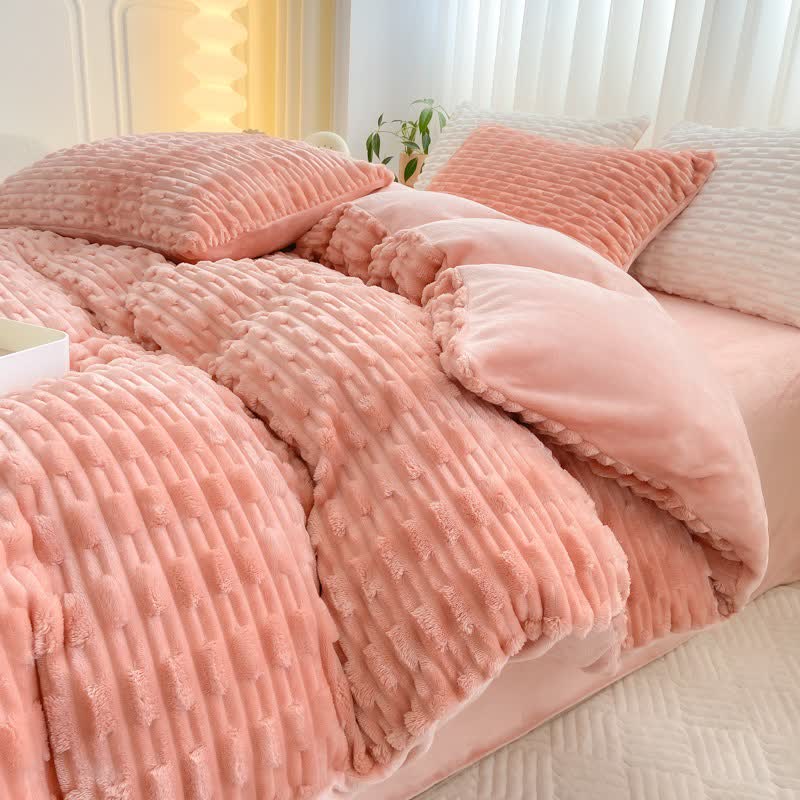 Ensemble de literie en peluche texturée de couleur unie - rose foncé - Ensemble de literie (4 pièces) - 220 cm x 240 cm - image 4