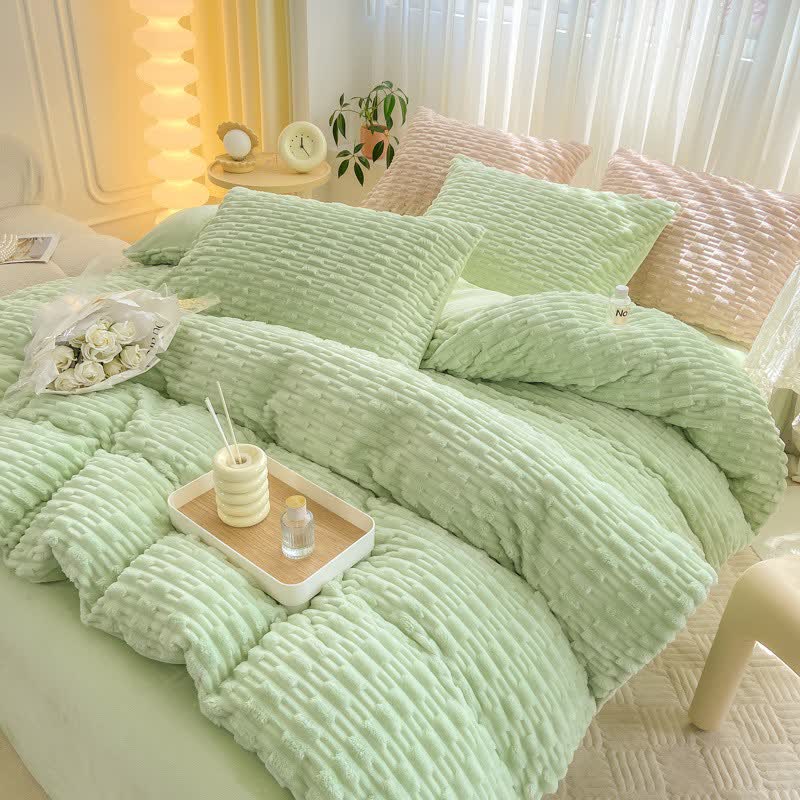 Ensemble de literie en peluche texturée de couleur unie - image 17