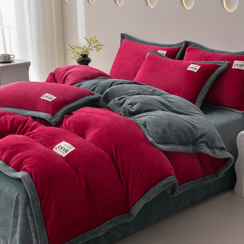Ensemble de literie réversible et chaud en peluche (4 pièces) - Bordeaux et gris foncé - 220 cm x 240 cm - image 0